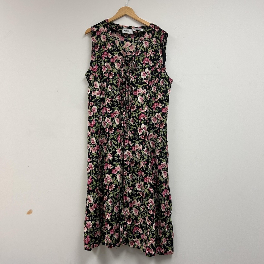 Vintage Just Class Dress Womens XL Floral Sleeveless V Neck Tie Front Midi Rayon